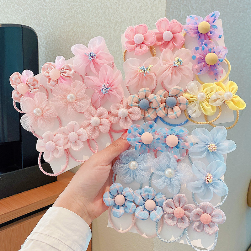 Korean Children's Rubber Band Flower Mesh Hair Cord Little Girl Cute Pearl High Stretch Tie Hair Cord Girls Hair Accessories