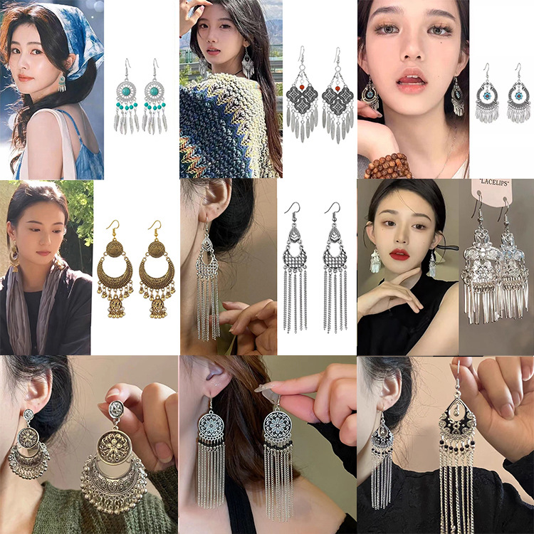 Hot-selling exotic style earrings, retro, artistic, classical and elegant ear hooks, versatile, hollowed-out fashionable tassel pendant earrings