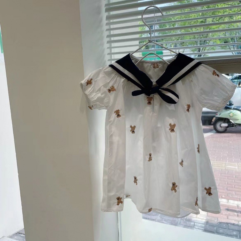 女童新款夏季短袖海军风翻领连衣裙儿童可爱高档小熊刺绣宝宝裙子