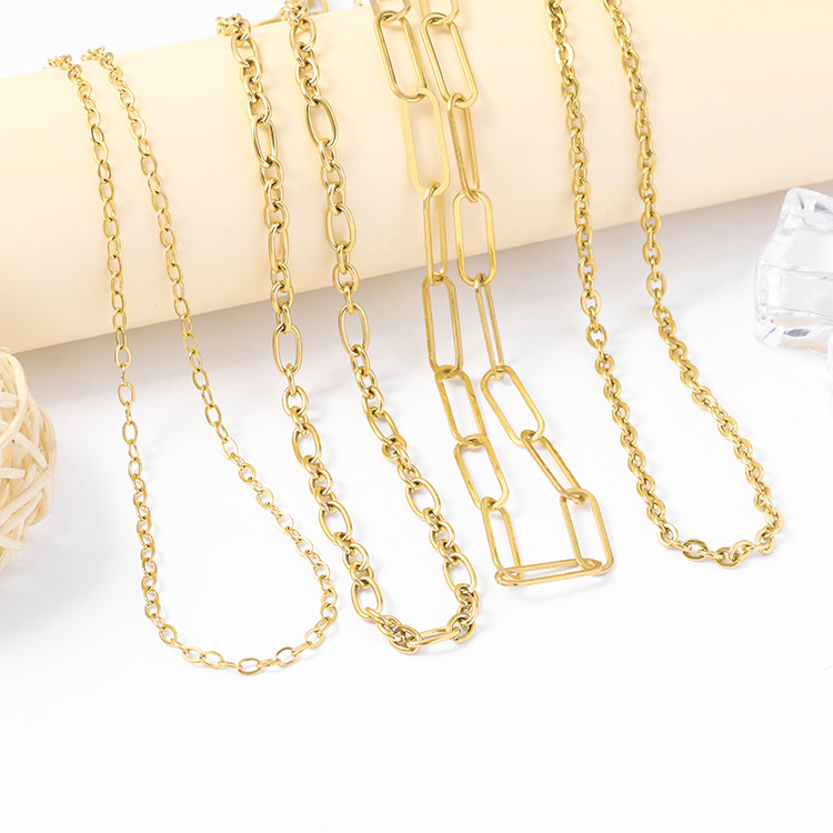 14k gold-plated genuine European and American style thick chain long flat square hole chain bracelet titanium steel necklace color retention details Picture
