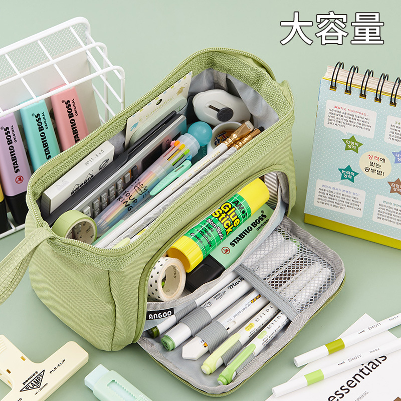 安蔻大容量双层帆布笔袋多功能手提文具盒简约学生铅笔盒图