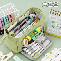 安蔻大容量双层帆布笔袋多功能手提文具盒简约学生铅笔盒