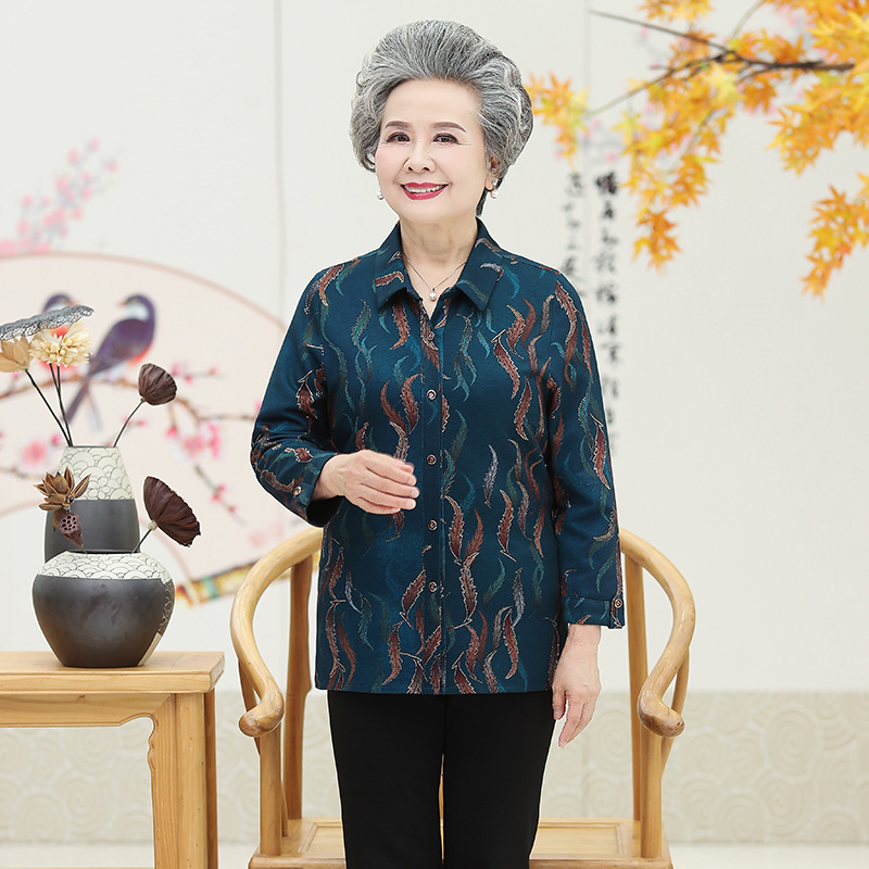 妈妈装新款衬衫女中老年70岁奶奶女装衬衣加大长袖上衣春秋薄外套