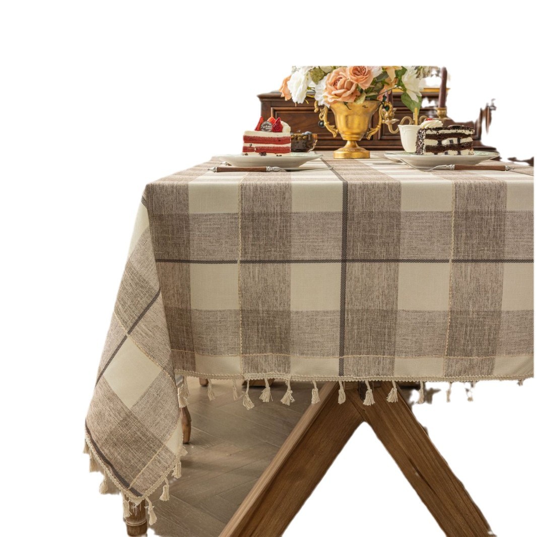 Jiexin Factory directly supplies Japanese-style simple, fashionable and elegant rectangular tablecloths, waterproof, oil-proof and heat-resistant, brown checkered printed fabric table MATS and tablecloths Item Picture
