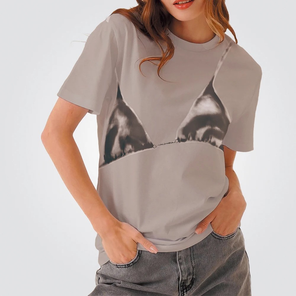 European and American cross-border 2025 Street style bikini pattern printed loose short-sleeved hot girl round-neck casual and versatile T-shirt Specification image