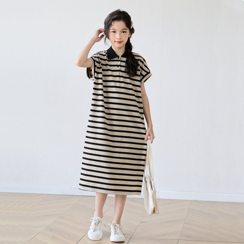 Girls' dress 2024 Summer New POLO collar dress, casual long dress for children, parent-child dress details Picture