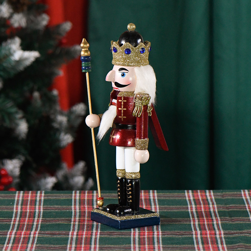 Walnut Soldier's new cross-border 25CM red body white feet Royal staff Nutcracker Christmas atmosphere figurine Wooden figure Specification image