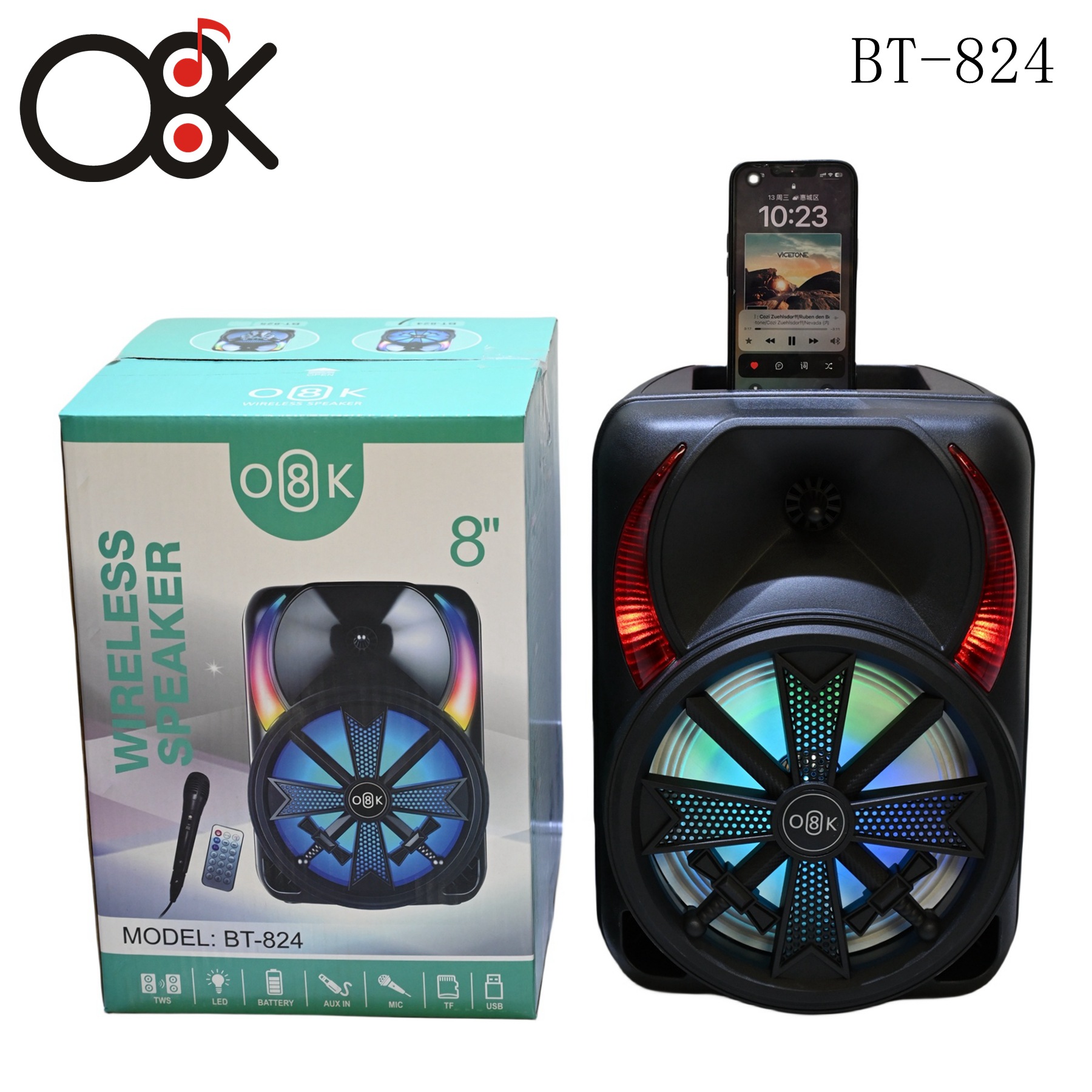 热销库存8寸20W便携式手提O8K蓝牙音响BT-824户外K歌音箱