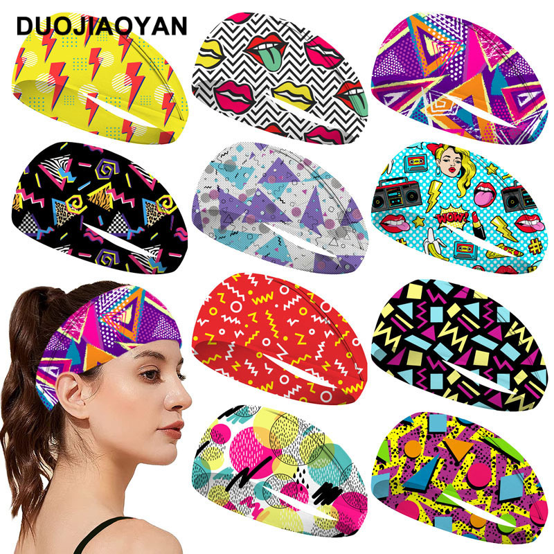 Retro style sports headband from the 1980s in Europe and America, fashionable printed wide-edge elastic tie headband, sweat-absorbing running headband Specification drawing