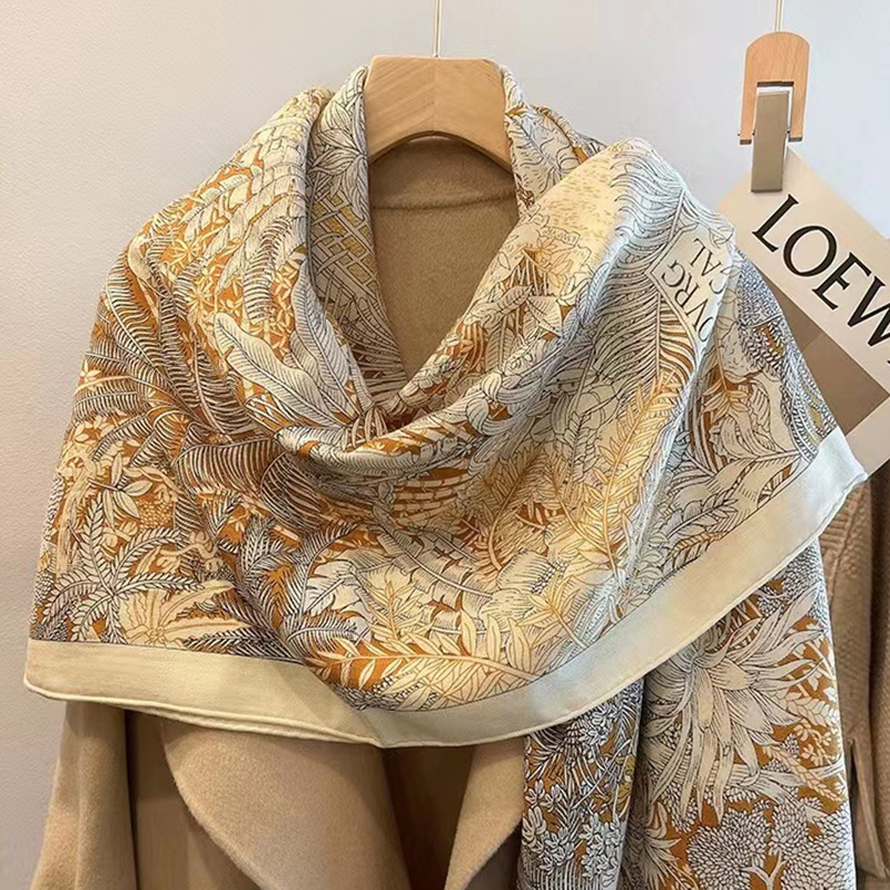 Tropical Rainforest Fubao Silk Scarf Mulberry Silk Wool Double Sided High-End Light Luxury Scarf Women's Shawl Dual Purpose Square Scarf Specification drawing