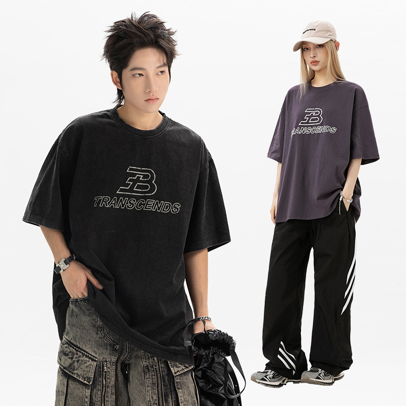 270g水洗设计感字母印花短袖T恤男女款夏季纯棉圆领美式高街体恤q