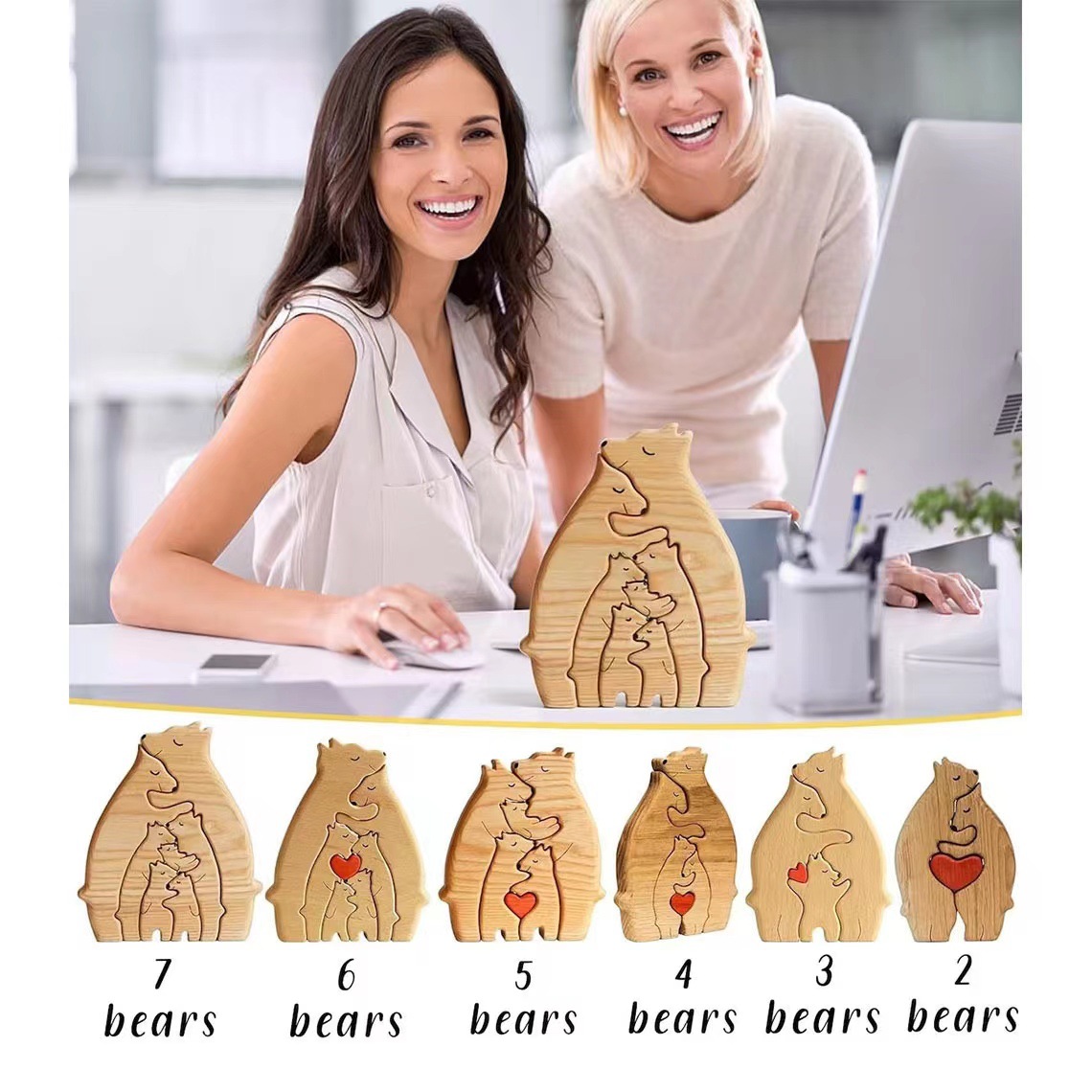 Amazon Wooden Mother And Son Bear Set Puzzle For Bedroom, Living Room, Table, Bear Hug, Family, Solid Wood Handicraft Application Scenario