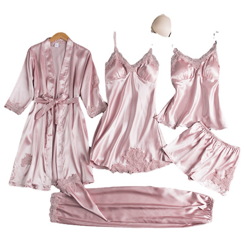 Pajama women's summer ice silk sexy and hot home wear spring and autumn long-sleeved thin large-sized cross-border five-piece bathrobe set Item Picture