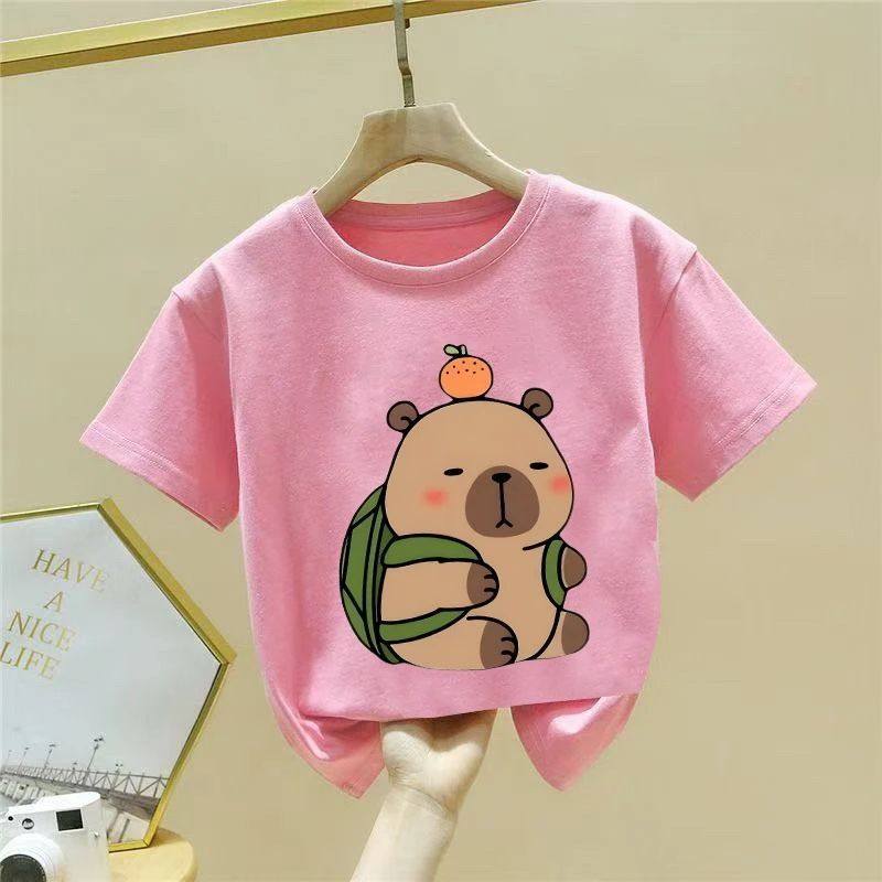 The new spring T-shirt for girls is a versatile choice for both boys and girls. It features a cartoon and stylish short-sleeved top with leather print pic 3