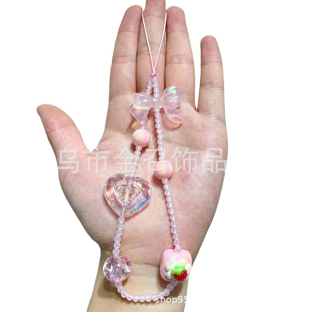 2023 Little Bear Mobile Phone Chain, Heart-shaped Bow, beaded Mobile Phone Pendant, Cartoon Dessert, Pearl Mobile Phone Lanyard Chain Item Picture