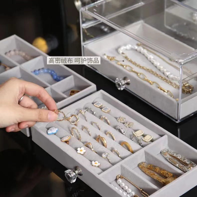 Three-layer flannelette jewelry storage box Earrings storage box jewelry dust-proof multi-functional drawer type treasure box Application Scenario