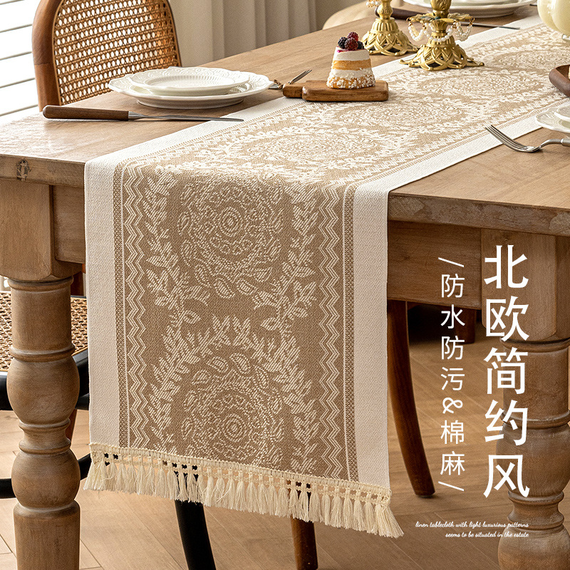 Kuyuki nuevo nórdico moderno simple generoso diseño de alta calidad sensación algodón lino tela de bandera de té lujo ligero impermeable jacquard paño de tira de borlas mesa lateral mesa de té mesa de bandera de pelo Specification image