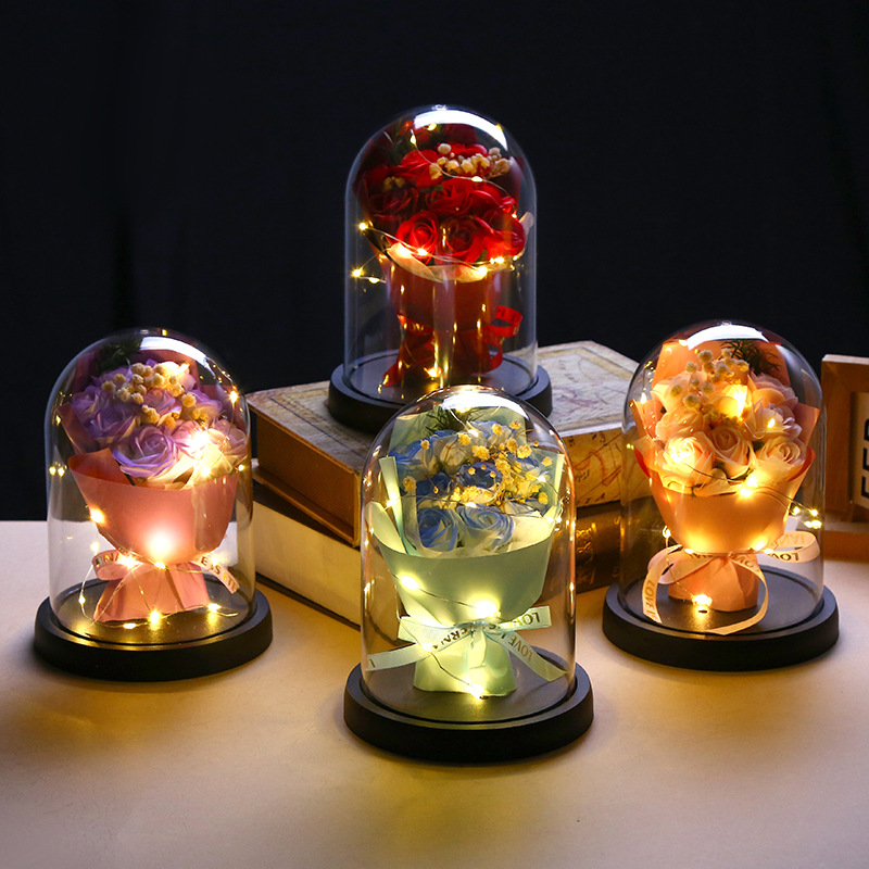 新款糖果色永生花束 玻璃罩玫瑰花束生日礼品 高级感桌面发光摆件