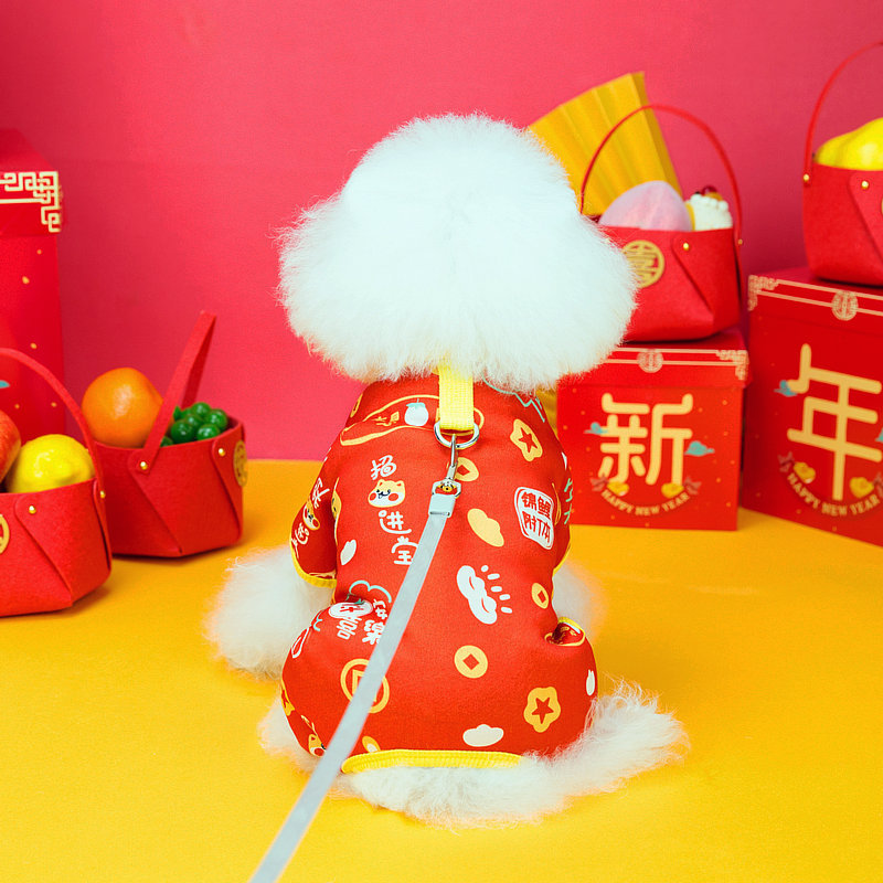 狗狗新年装宠物衣服猫衣服泰迪比熊中小型犬衣服牵引24喜庆四脚衣图
