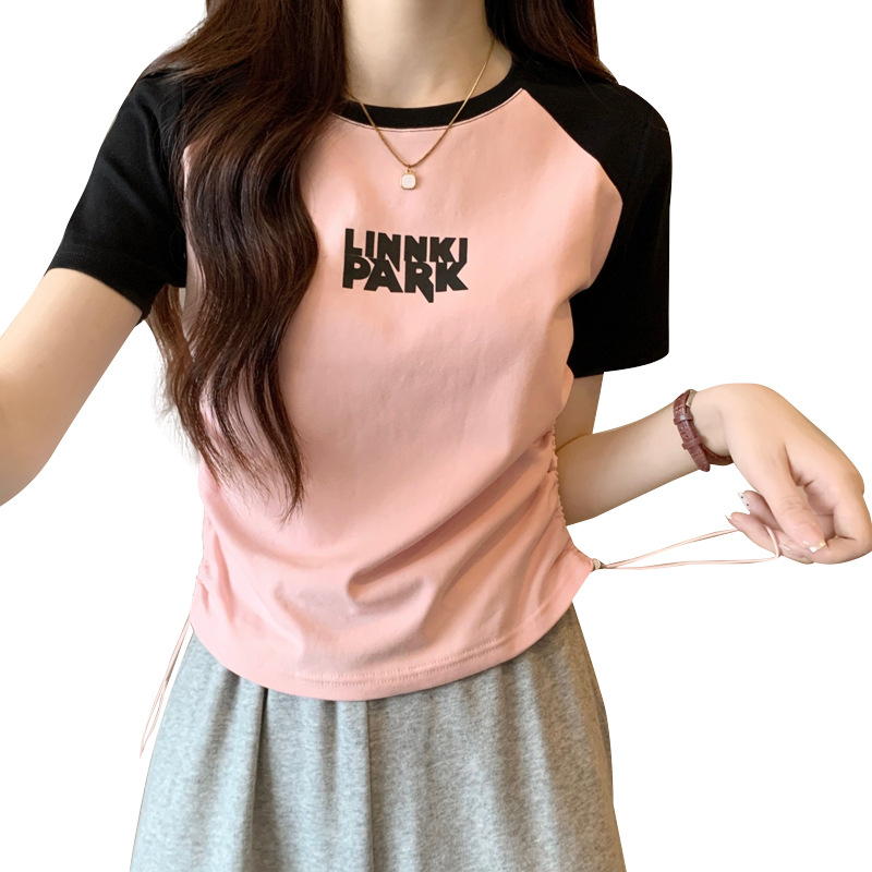 Thread Cotton Shoulder Color Short-Sleeved T-Shirt Women's Summer New Slim-Fit Women's Dress Design Sense Of Niche Top Item Picture