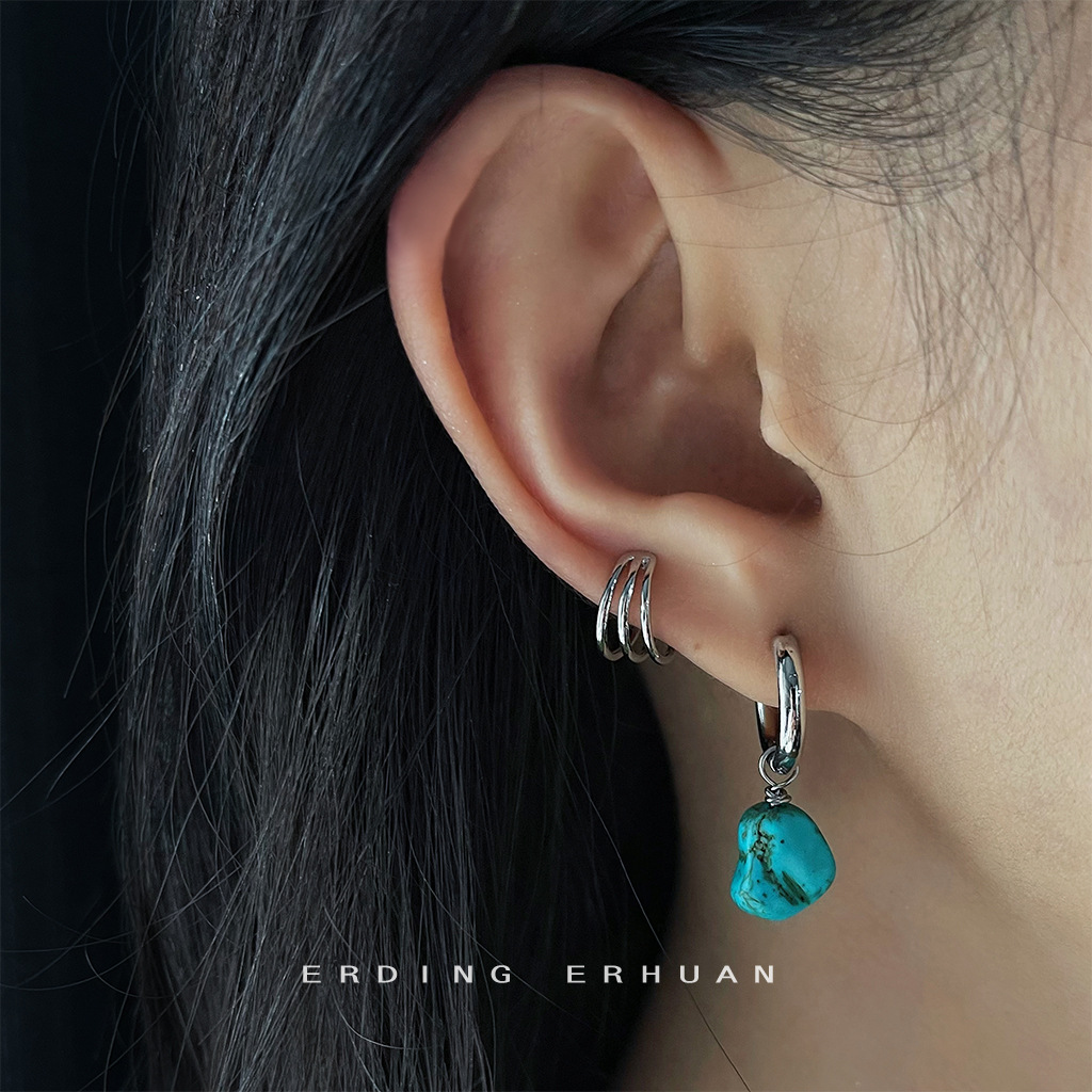 Original design sense, ethnic style, handcrafted synthetic turquoise, artistic and retro, irregular and irregular-shaped earrings, factory earrings details Picture