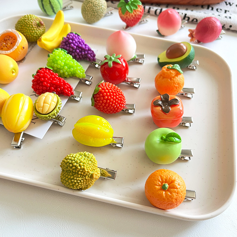 创意仿真水果发夹食玩草莓榴莲石榴发卡可爱树脂边夹趣味桃子发饰详情15