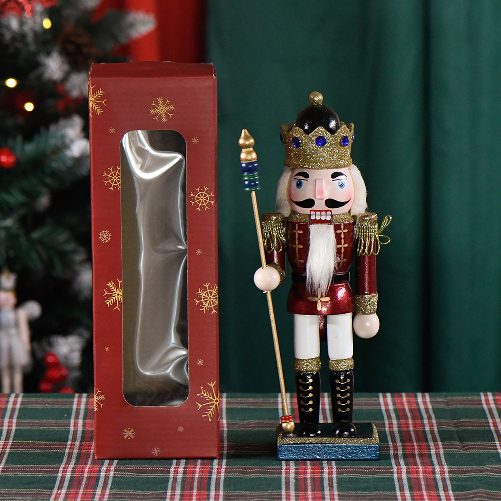 Walnut Soldier's new cross-border 25CM red body white feet Royal staff Nutcracker Christmas atmosphere figurine Wooden figure details Picture