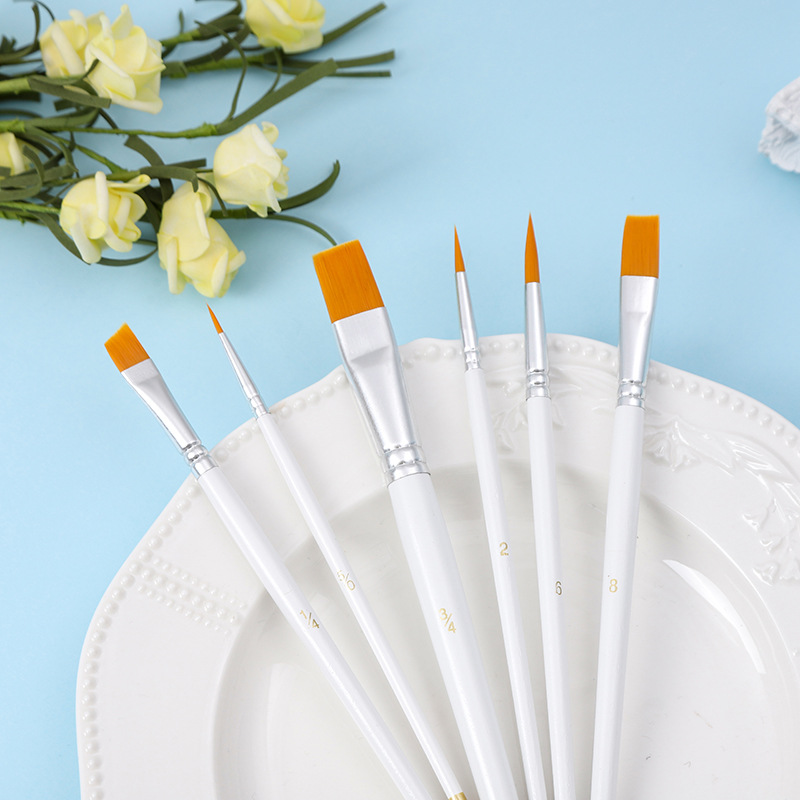 Cross-border premium Pingfeng 6-piece wooden pearlescent white rod Gold tail student art set nylon acrylic oil Brush details Picture