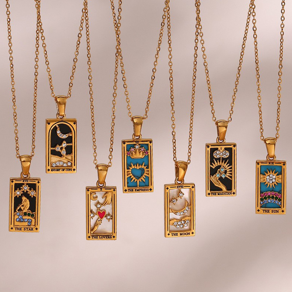 Stainless steel rectangular oil-dripping zircon tarot card necklace, a popular and retro pendant accessory on Instagram in Europe and America Application Scenario