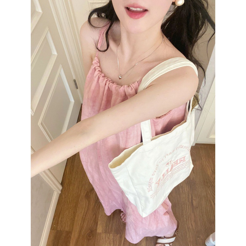 Linen halter dress for women, loose and slimming solid color, large swing skirt, pleated sleeveless off-the-shoulder long dress, A-line skirt Specification image