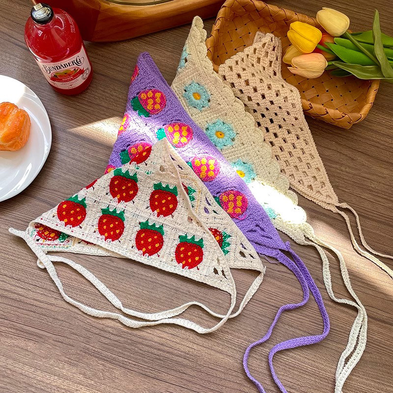 French retro knitted handmade lace triangular scarf, sweet and elegant artistic style headscarf, 2025 new style hair band Specification image