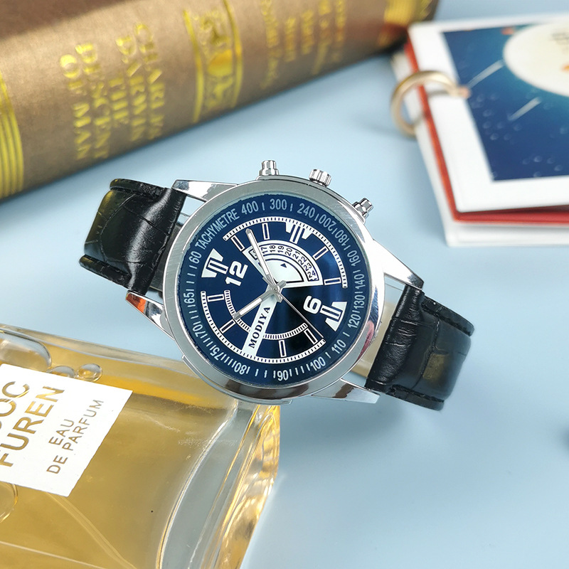 Hot fashion watches, men's gift watches, quartz watches wholesale, fashionable blue light glass leather strap men's watches Specification image