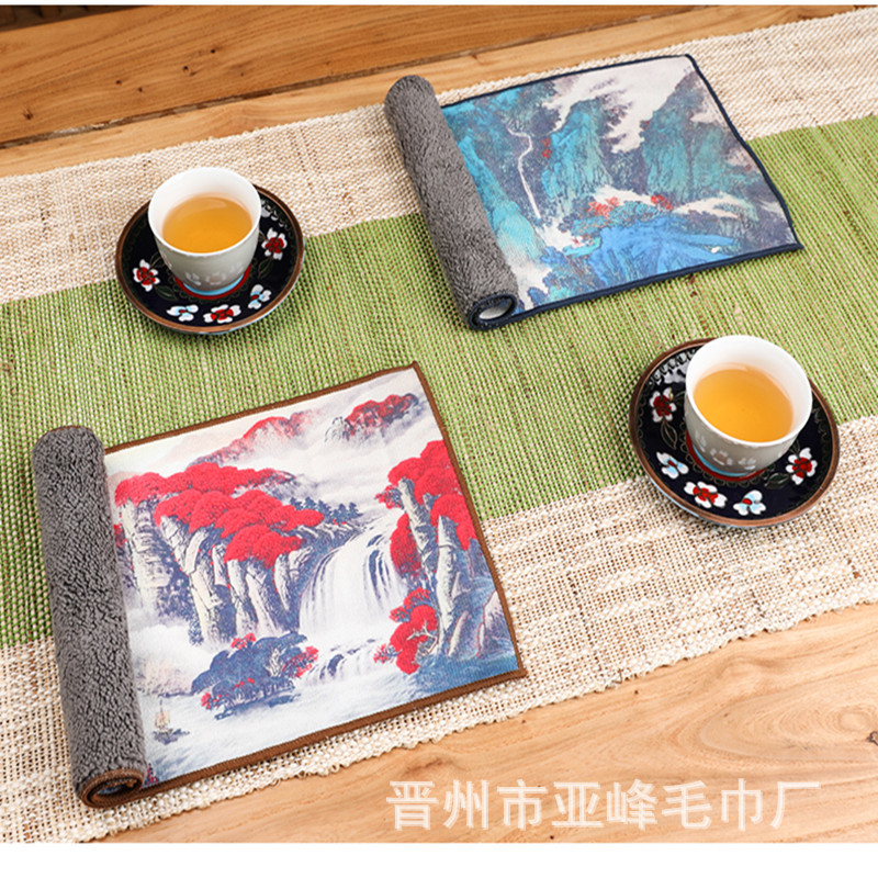 批发麂皮绒茶巾柔软吸水中式古风茶布清洁巾加厚双面印花彩绘茶巾