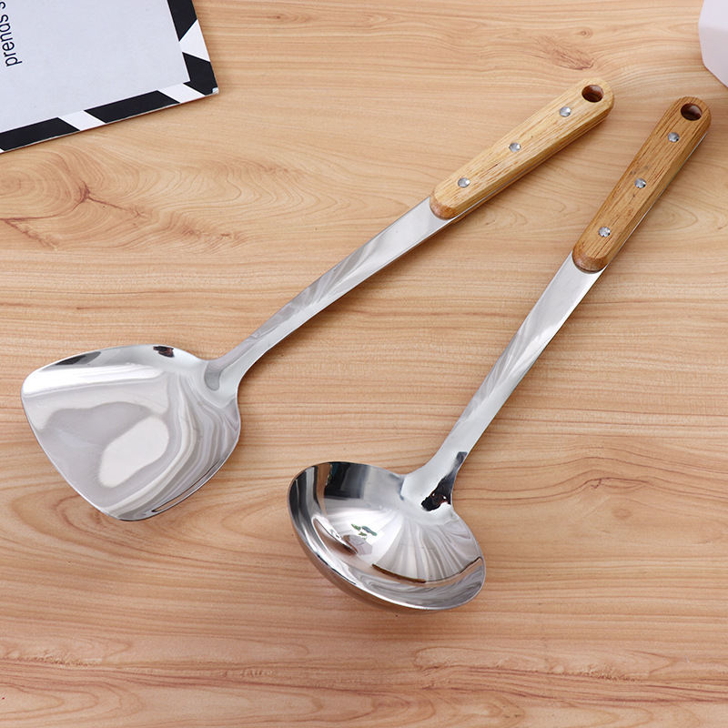 Wholesale 3mm non-magnetic stainless steel spatulas, wooden-handled stir-frying spatulas, porridge spoons, stir-frying spatulas, cooking spatulas details Picture