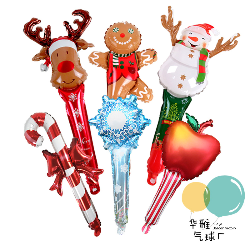 新品现货供应24寸圣诞节充气棒拐杖糖果麋鹿头姜饼人雪手持气球图