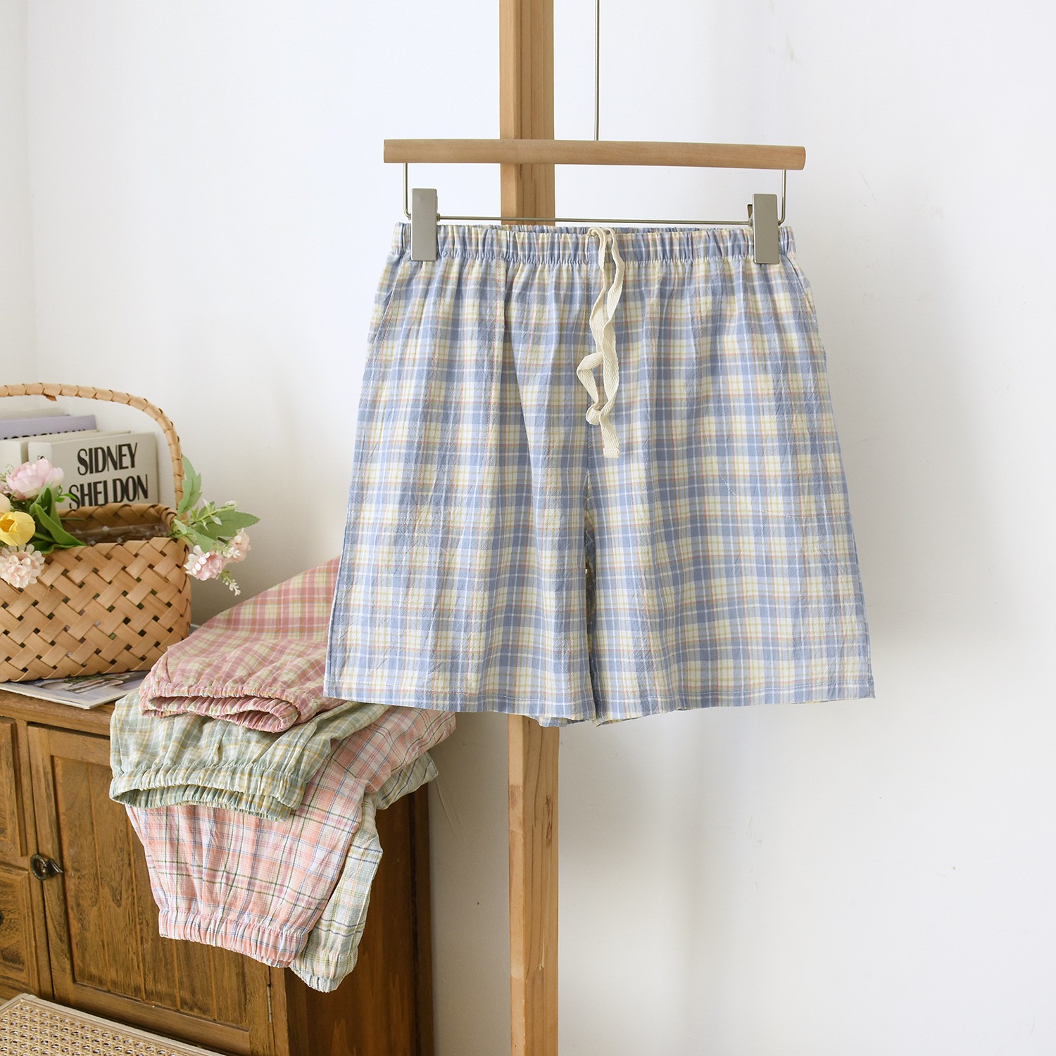 Summer new pure cotton washed cotton women's shorts, Japanese-style all-cotton outerwear pajama pants, classic checkered thin style breathable home Specification image