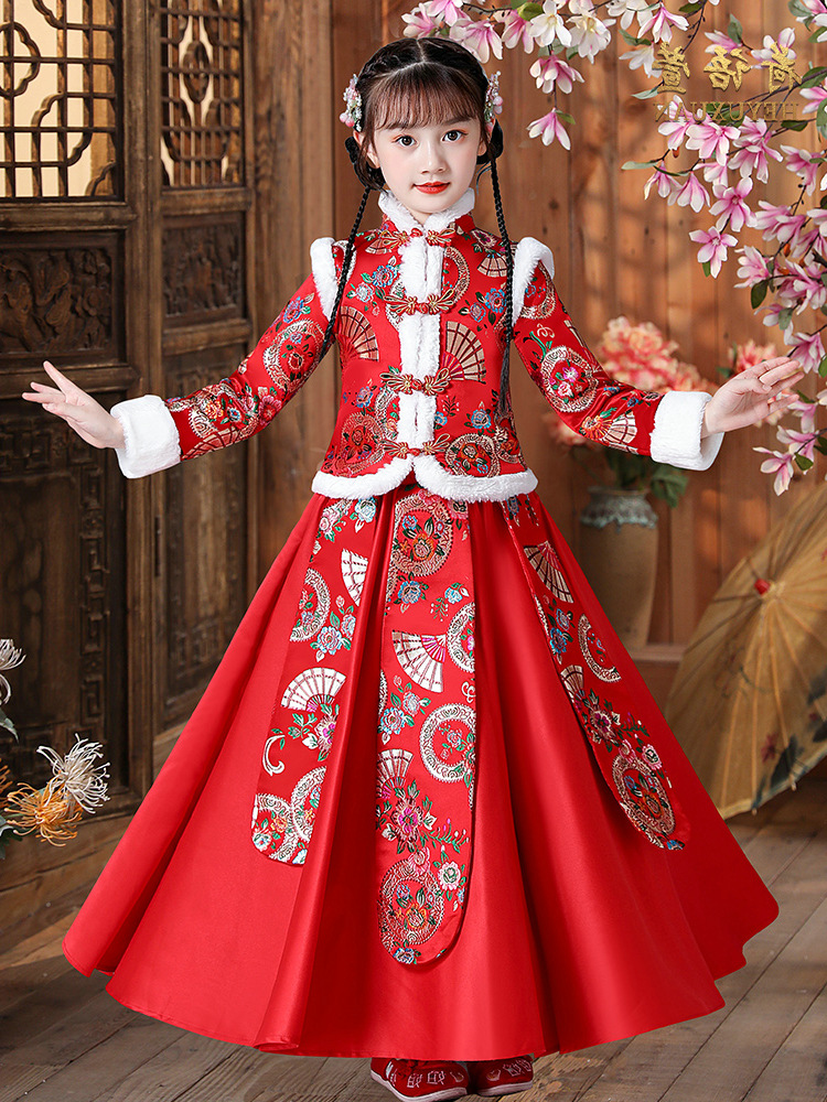Girls' Hanfu dress, winter dress, New Year dress, New Year clothes, princess dress, children's dress with fleece, New Year greeting dress, winter