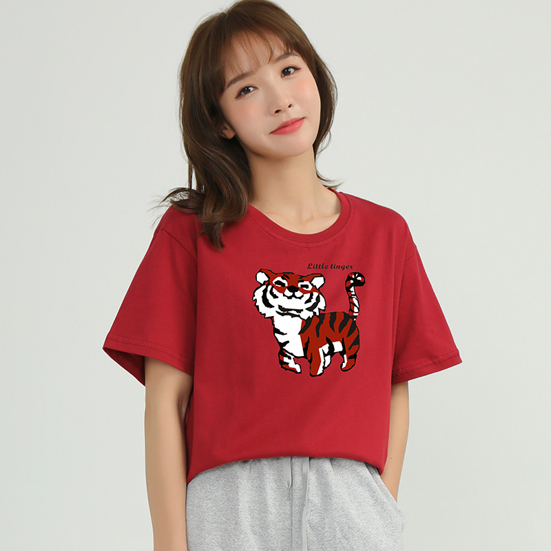 2022 Summer Tiger Year New Korean-style loose round-neck pullover short-sleeved pure cotton T-shirt, Hong Kong-style casual women's top T-shirt details Picture