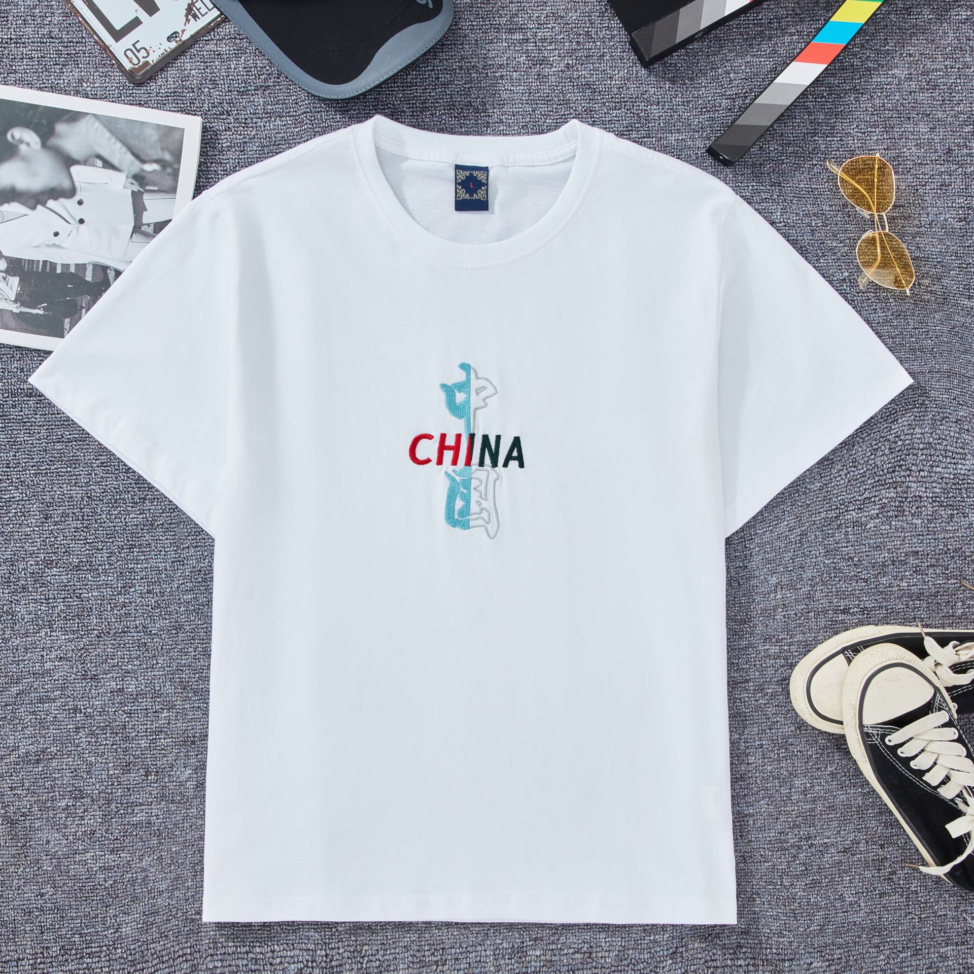 New summer Chinese embroidery short-sleeved men's pure cotton loose casual round-neck trendy T-shirt