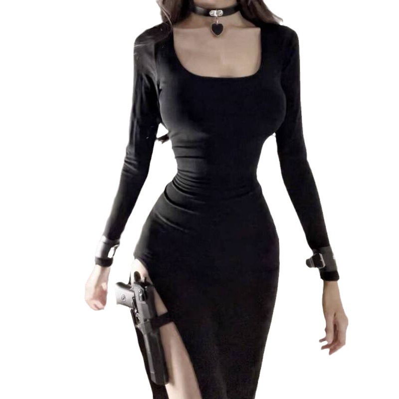 In the autumn of 2024, wear a stylish Maillard U-neck slit dress with a long sleeve inside to show off your figure and expose your collarbone Item Picture