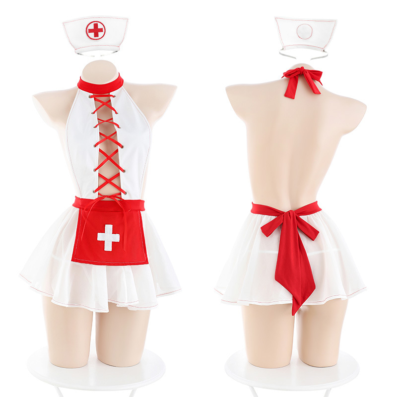 New sexy nurse leaky bare back set cross strap deep V see-through women's sexy underwear Item Picture