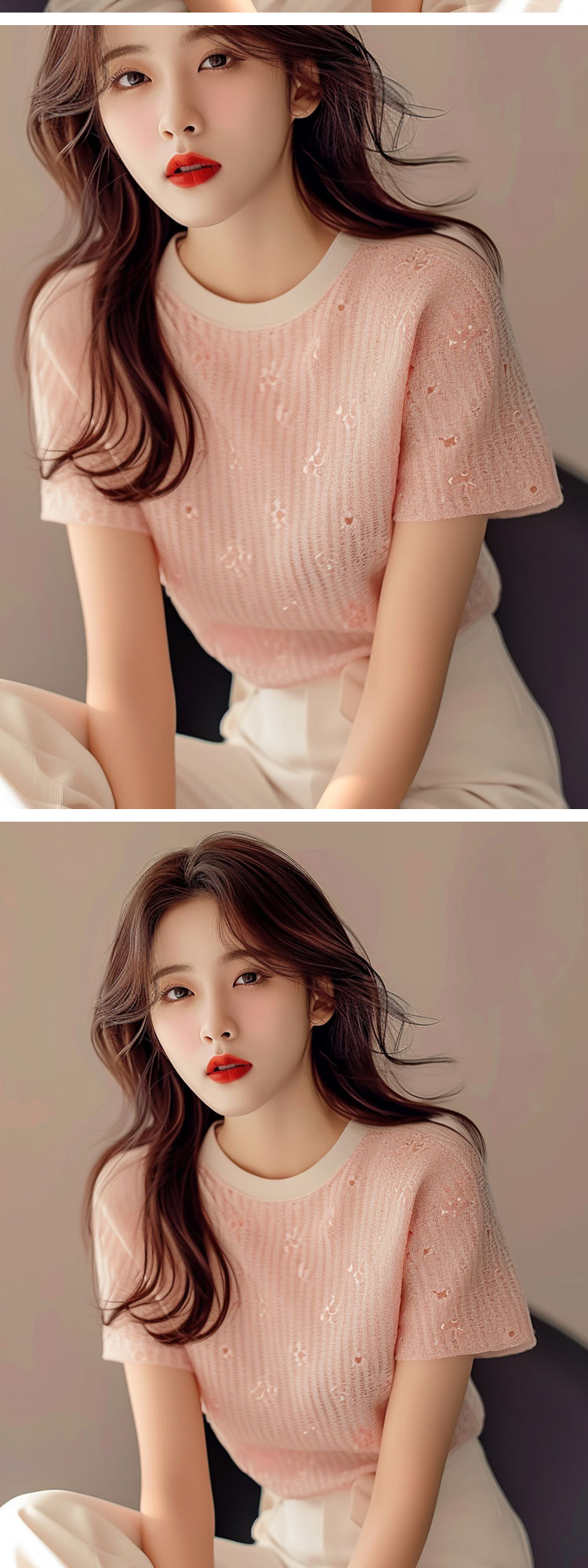 Pink knitted short-sleeved T-shirt for women, 2025 new European style stylish little shirt, sweet summer top, super nice, straight shoulder pic 3