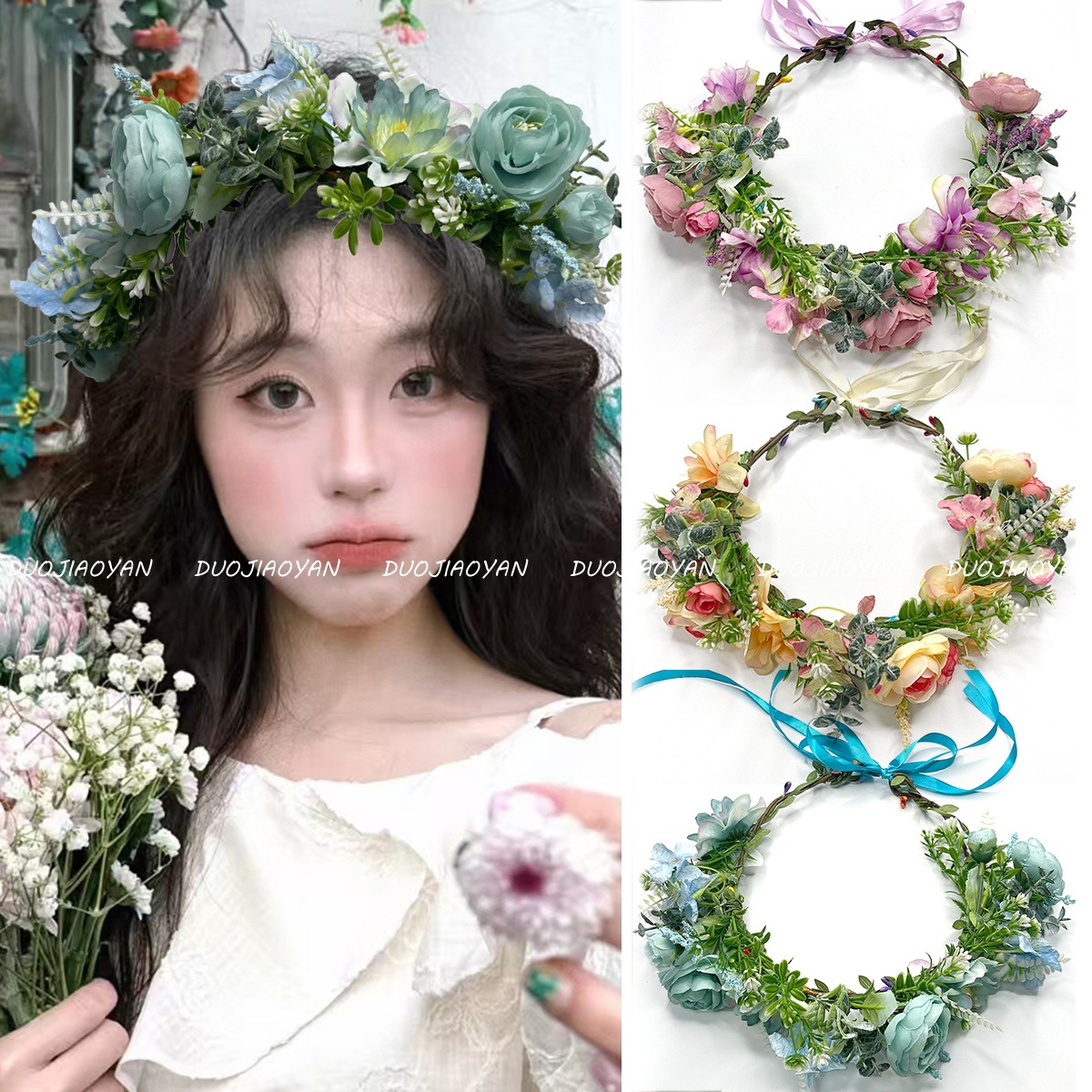 New forest-style simulation flower wreath headwear, Hanfu flower hairpin accessories, high head top high-end photo and photography headwear Specification drawing