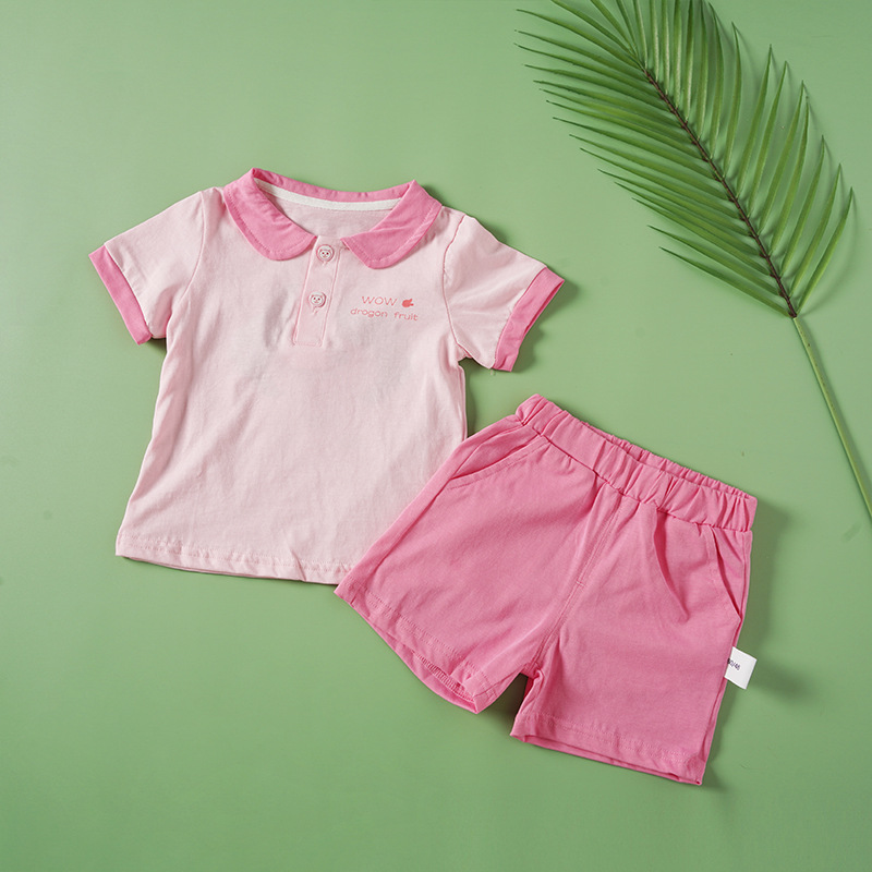 New summer set for girls: Children's lapel polo shirt, fashionable little kids short-sleeved, cute girls with printed patterns, two-piece set