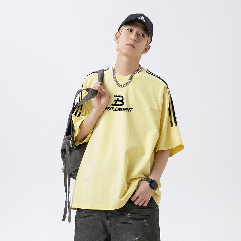 A new summer loose, pure cotton, broken letter printed short-sleeved T-shirt for men with contrasting color stripes and shoulder sleeves Specification image