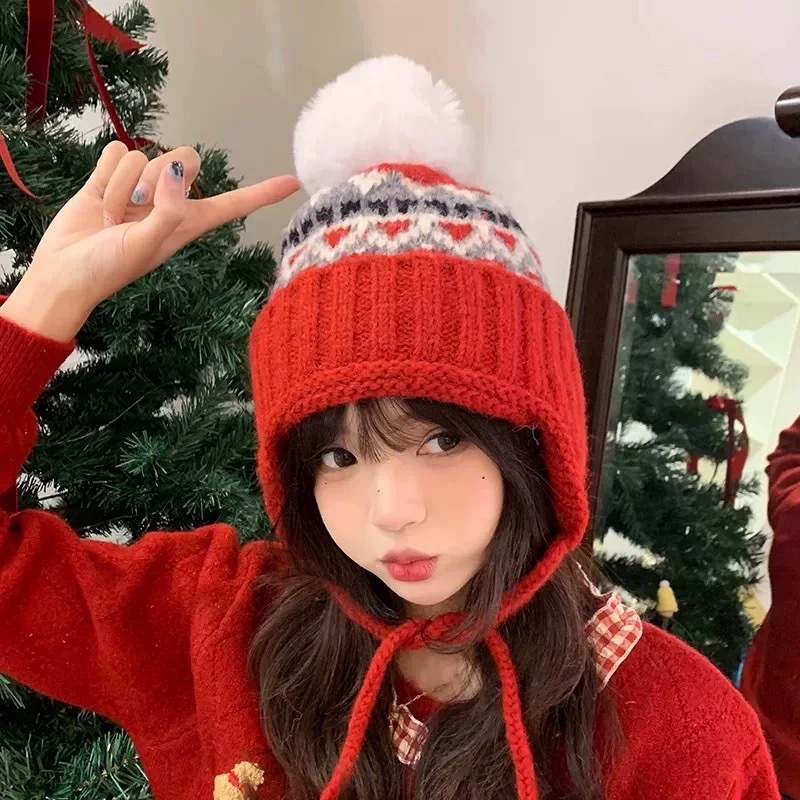 费尔岛帽子女秋冬季加厚绒保暖护耳显脸小毛线防寒针织包头雷锋帽详情2