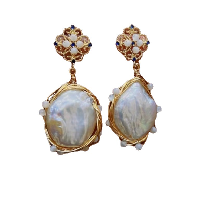 Ed068109 Starry Night Dream Catcher Pearl Earrings Retro Baroque Natural Freshwater Pearl Earrings Light Luxury Temperament Item Picture