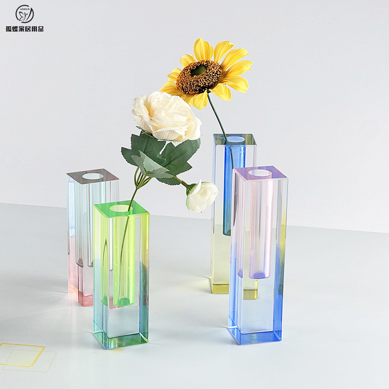 创意简约北欧ins亚克力渐变色花瓶方柱玻璃花器可插干花可水培花