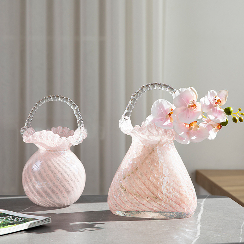 粉色浪花提手水培包包琉璃花瓶玻璃客厅样板房软装摆件餐桌装饰品详情图2