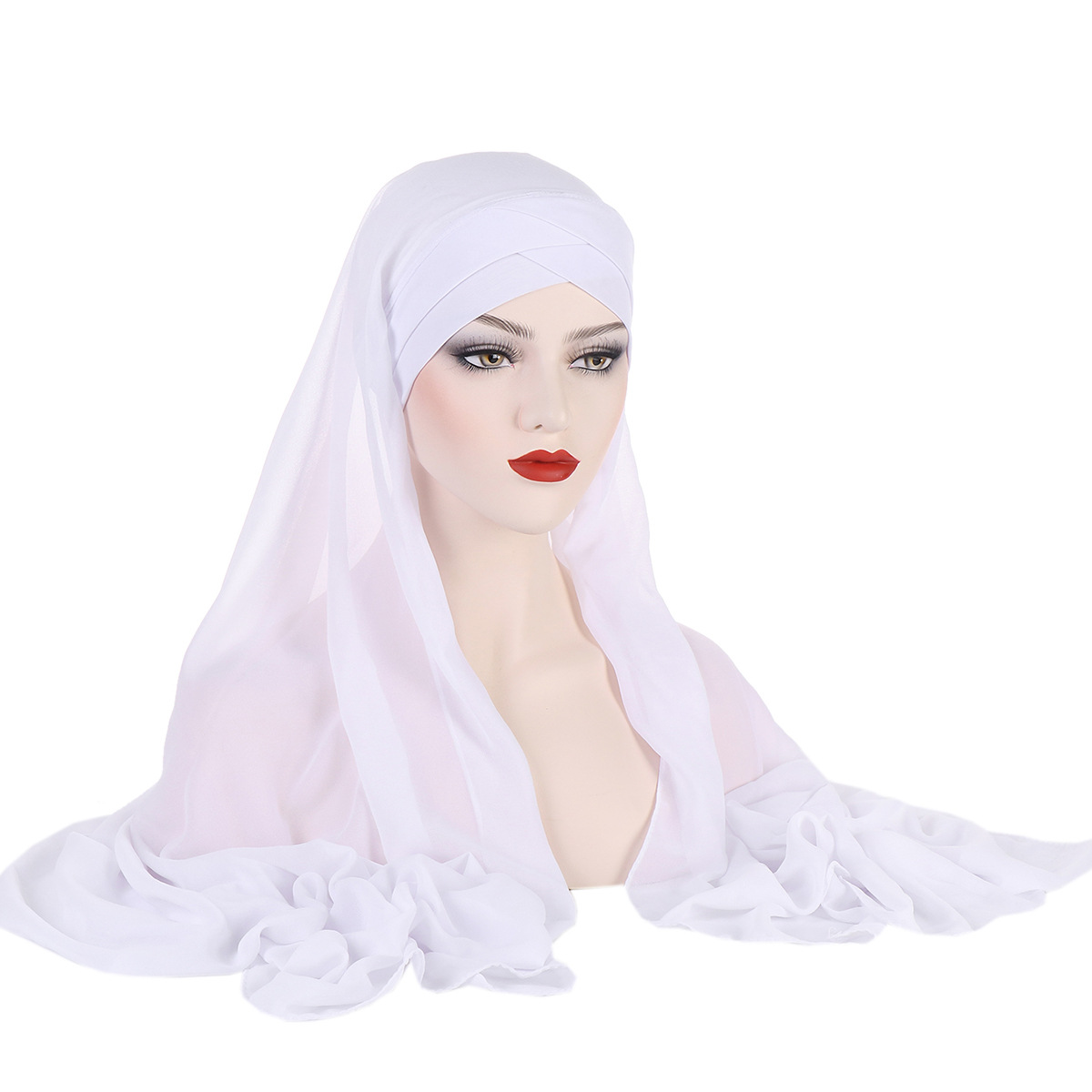 New Convenient Chiffon Wrap Headscarf Four Seasons General Plain Chiffon Scarf Ladies Forehead Cross Headscarf Cap details Picture